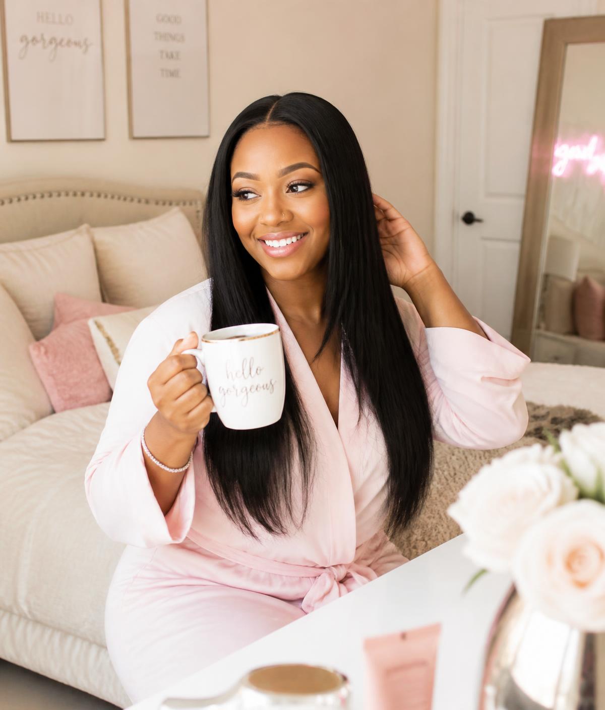 Woman getting ready at home wearing a glueless wig